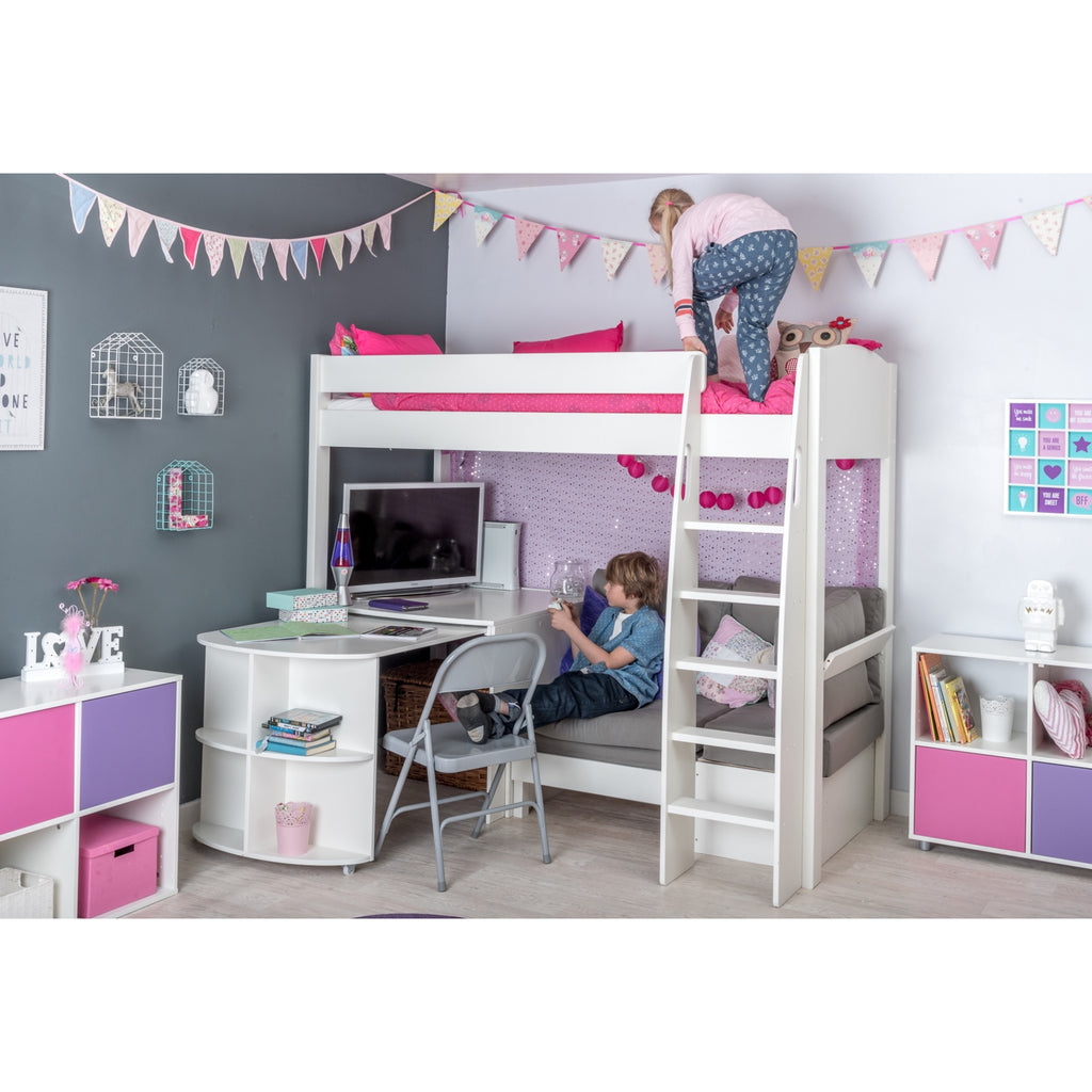Stompa UnoS Highsleeper With Sofa Bed, Fixed Desk & Pull-Out Desk in furnished room in grey