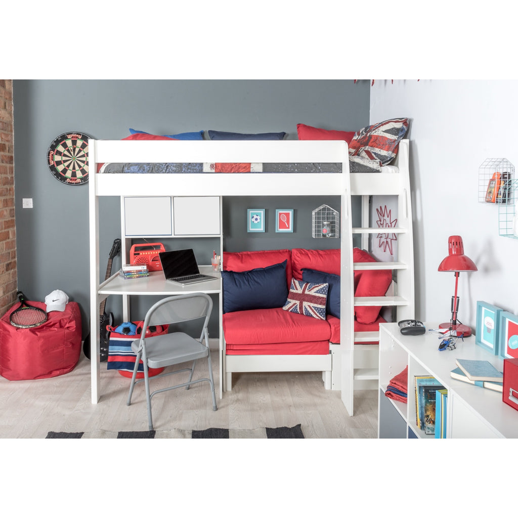 Stompa UnoS Highsleeper With Sofa Bed, Fixed Desk & Hutch in red