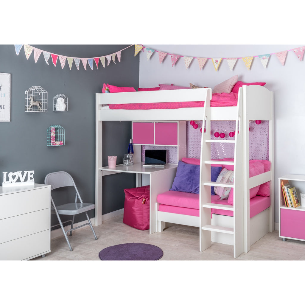 Stompa UnoS Highsleeper With Sofa Bed, Fixed Desk & Hutch in pink