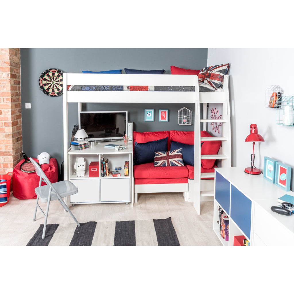 Stompa UnoS Highsleeper With Sofa Bed, Fixed Desk & Cube Storage in red