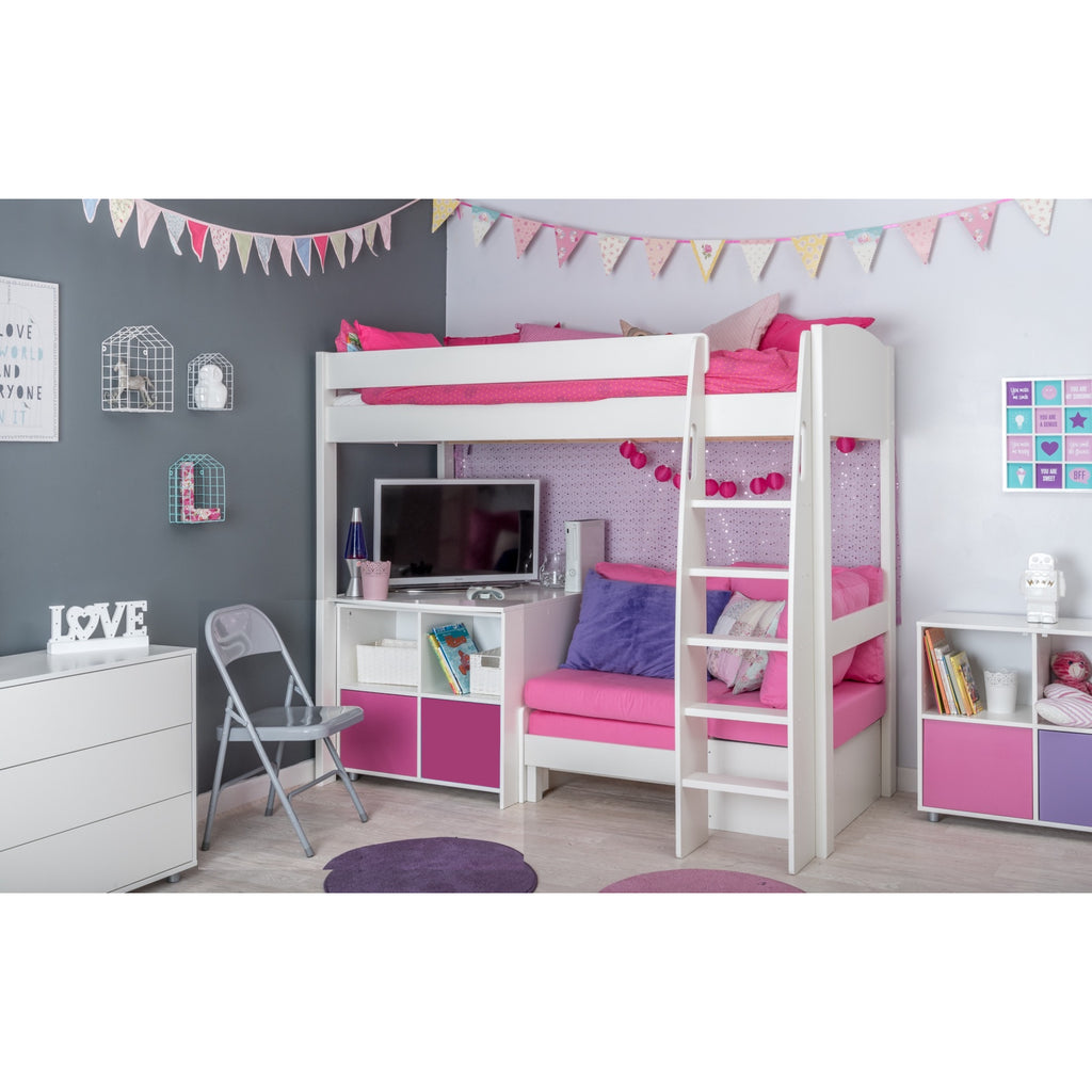 Stompa UnoS Highsleeper With Sofa Bed, Fixed Desk & Cube Storage in pink
