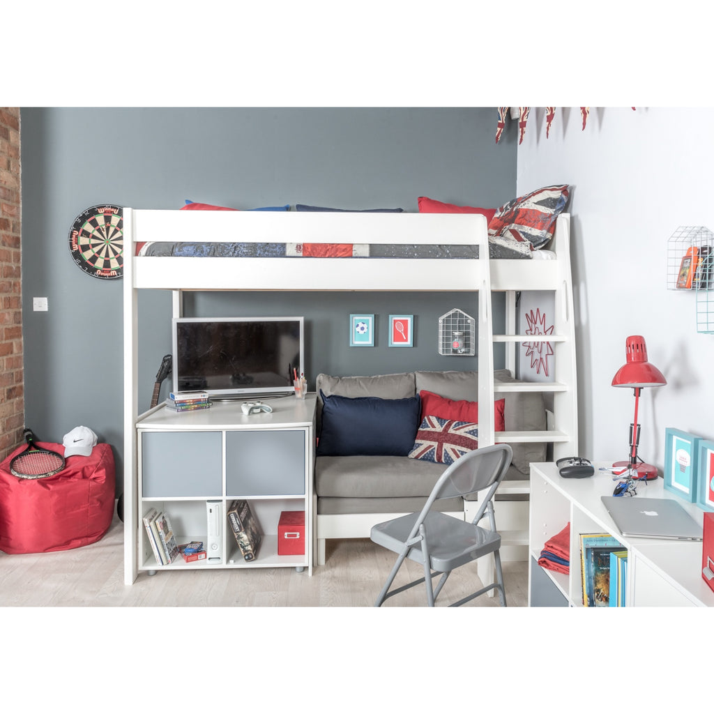 Stompa UnoS Highsleeper With Sofa Bed, Fixed Desk & Cube Storage in grey