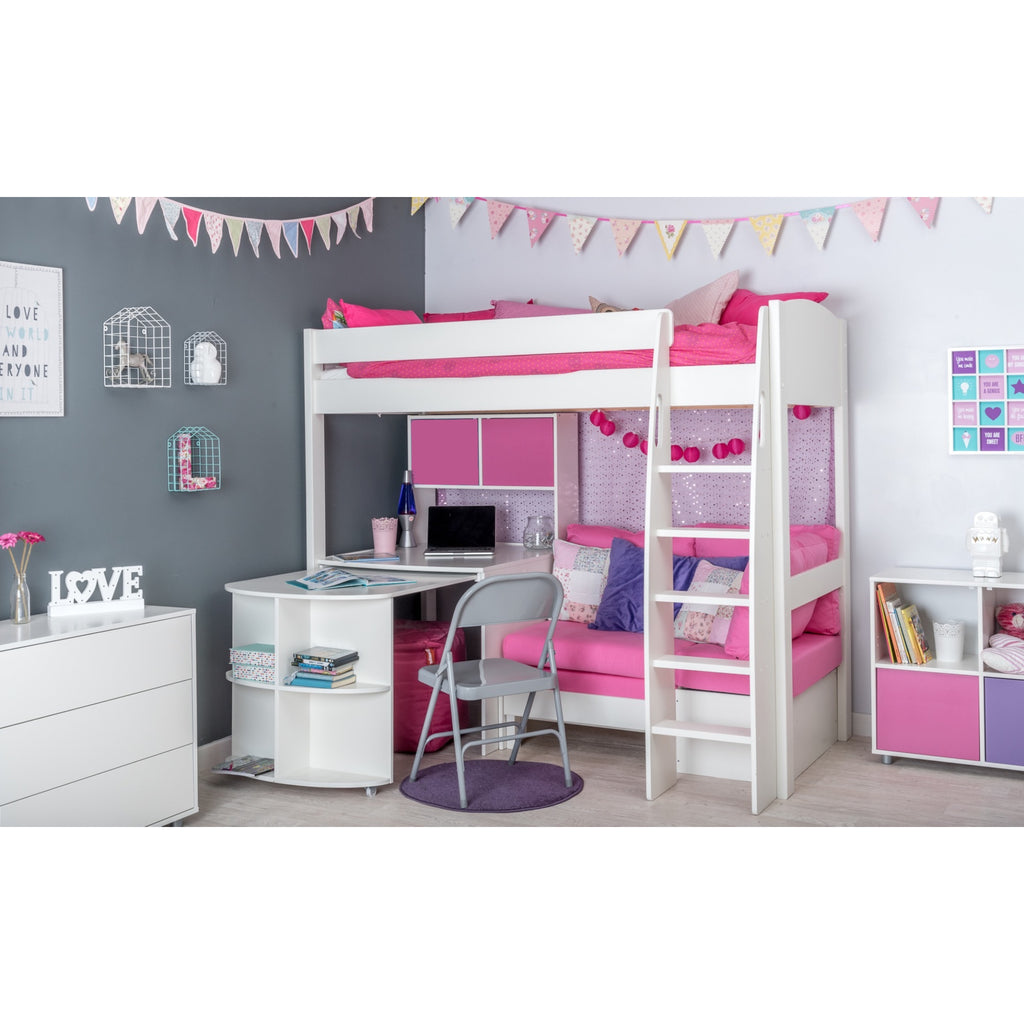 Stompa UnoS Highsleeper With Sofa Bed, Fixed Desk, Pull-Out Desk & Hutch in pink