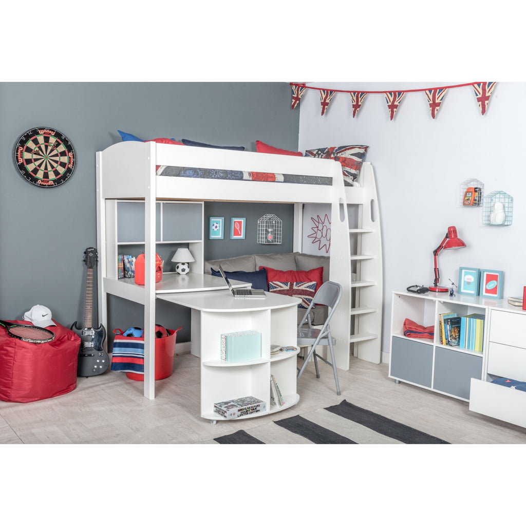 Stompa UnoS Highsleeper With Sofa Bed, Fixed Desk, Pull-Out Desk & Hutch in grey