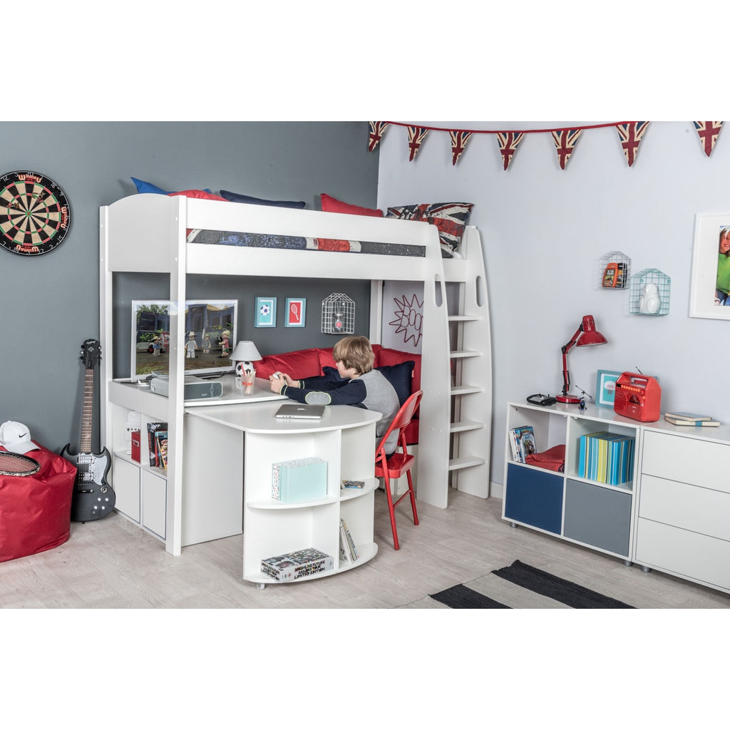 Stompa UnoS Highsleeper With Sofa Bed, Fixed Desk, Pull-Out Desk & Cube Storage in red
