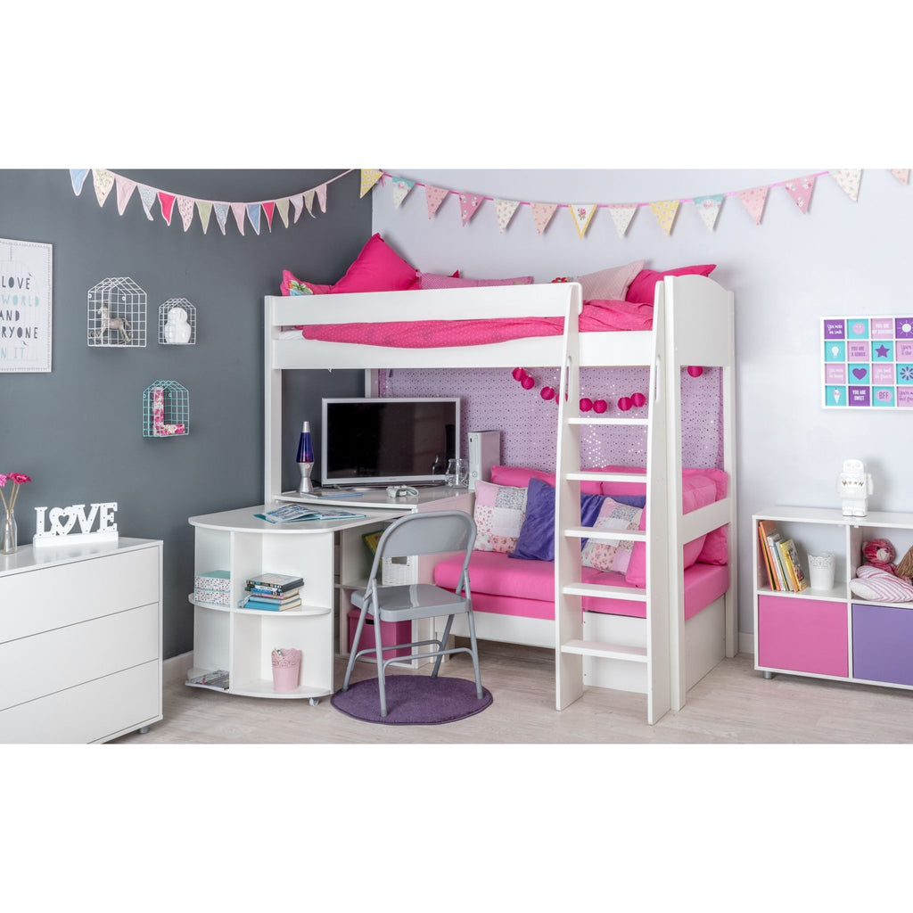 Stompa UnoS Highsleeper With Sofa Bed, Fixed Desk, Pull-Out Desk & Cube Storage in pink