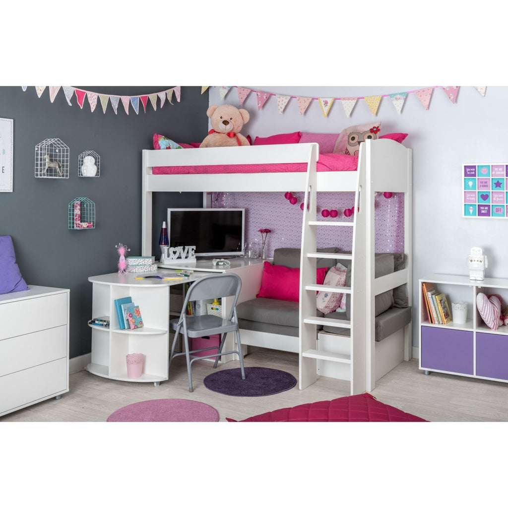 Stompa UnoS Highsleeper With Sofa Bed, Fixed Desk, Pull-Out Desk & Cube Storage in grey