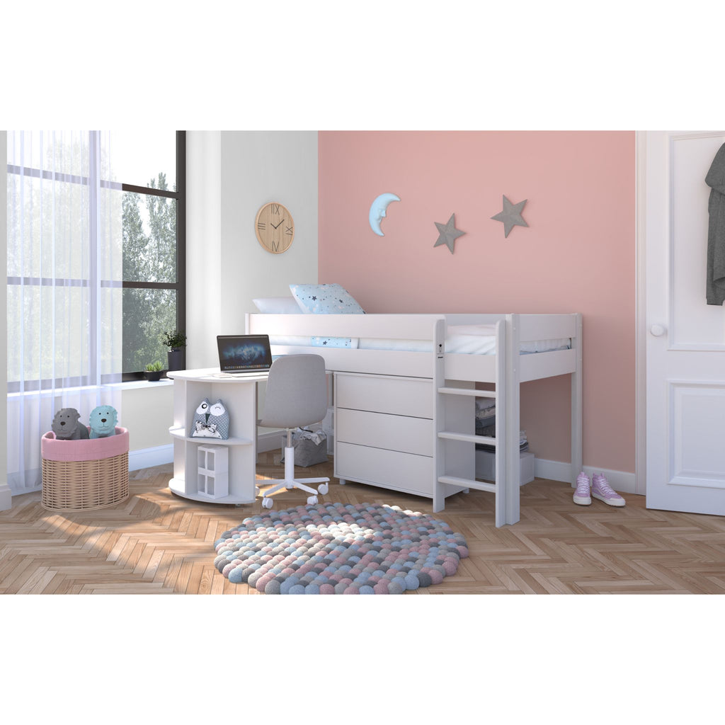 Stompa Uno Midsleeper with Pull-Out Desk & 3 Drawer Chest in white in furnished room, wide shot