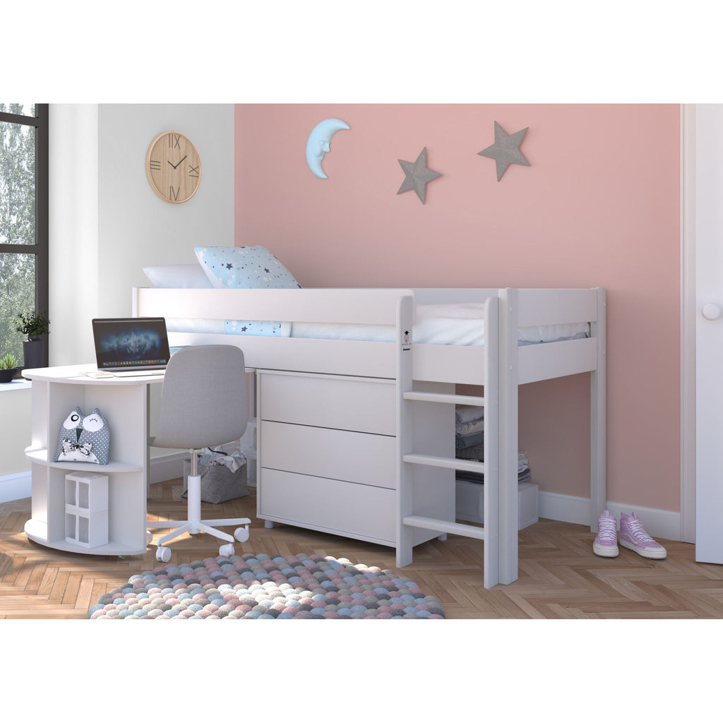 Stompa Uno Midsleeper with Pull-Out Desk & 3 Drawer Chest in white in furnished room