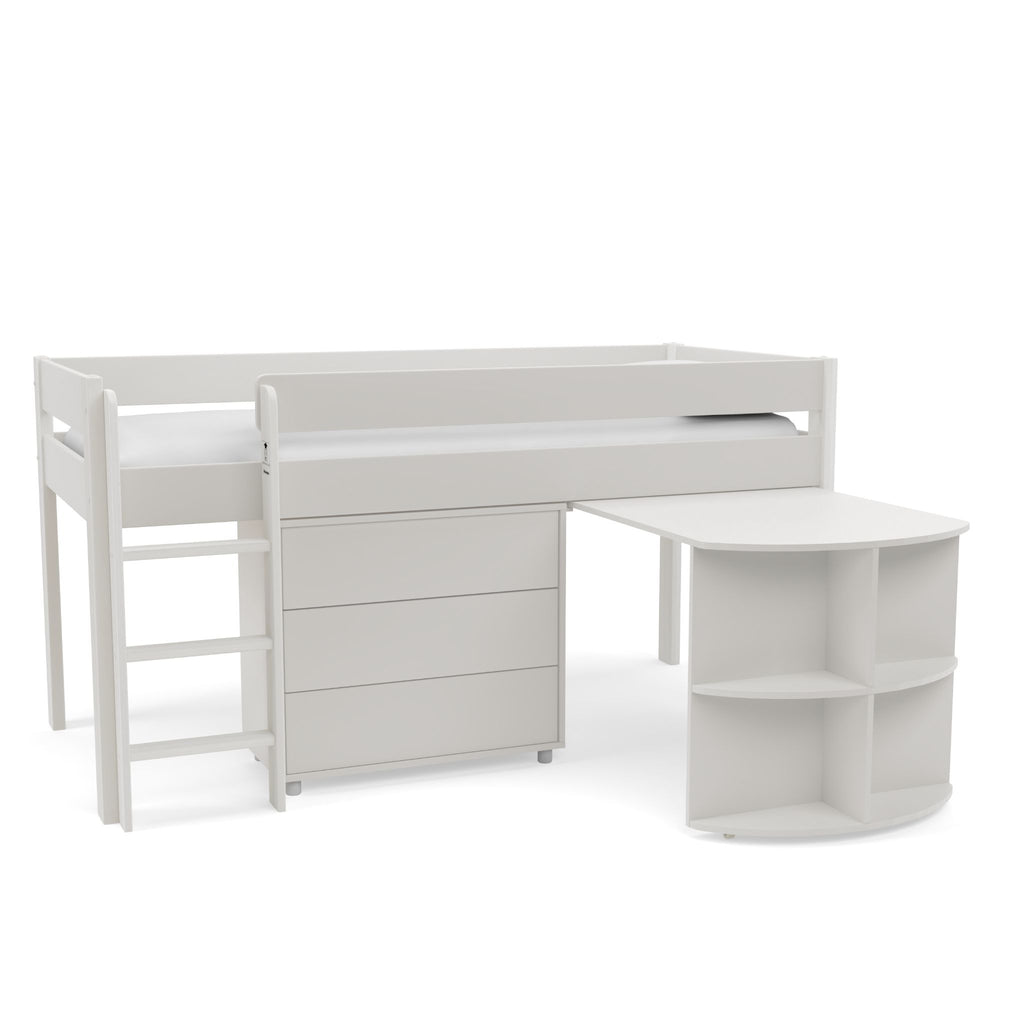 Stompa Uno Midsleeper with Pull-Out Desk & 3 Drawer Chest in white on white background