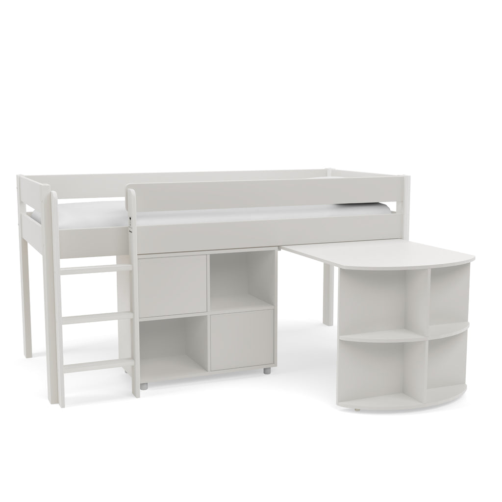 Stompa Uno Midsleeper with Pull-Out Desk & Cube Storage Unit in white on white background