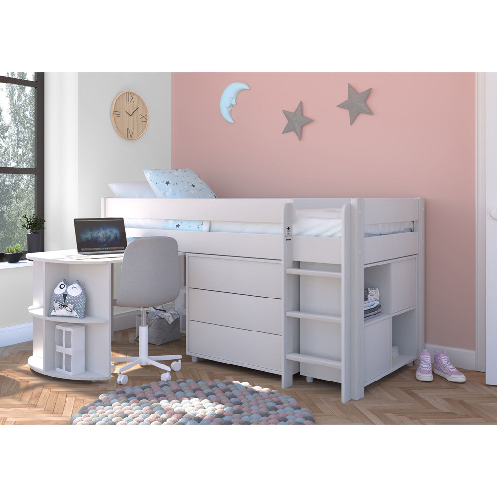 Stompa Uno Midsleeper with Pull-Out Desk, Cube Storage Unit & 3 Drawer Chest on white in furnished room