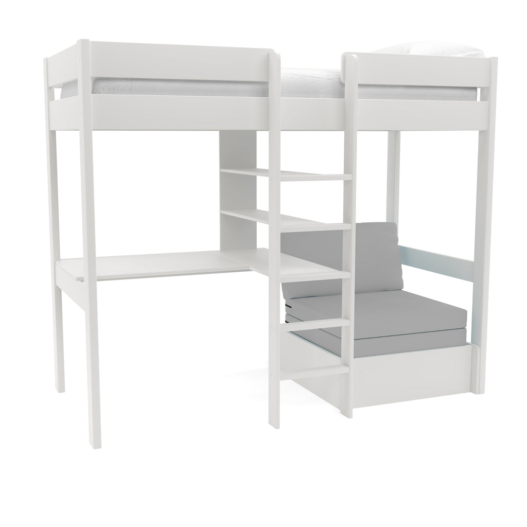 Stompa Uno Highsleeper with Integrated Desk, Shelving & Chair Bed in white on white background