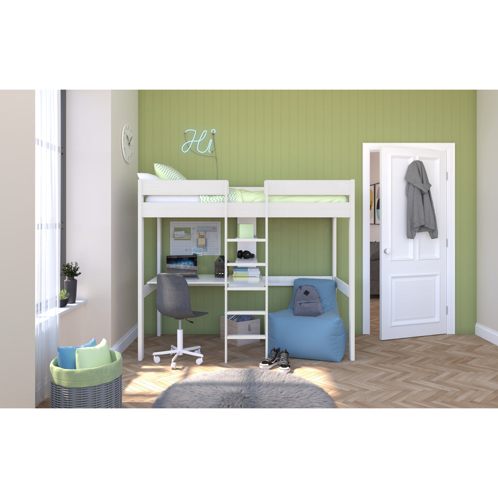 Stompa Uno Highsleeper with Integrated Desk & Shelving in white in furnished room, wide shot