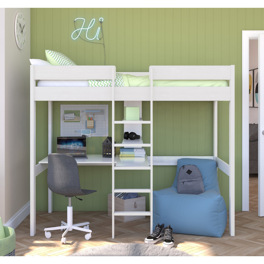 Stompa Uno Highsleeper with Integrated Desk & Shelving in white in furnished room