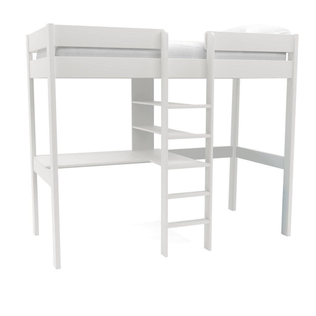 Stompa Uno Highsleeper with Integrated Desk & Shelving in white on white background