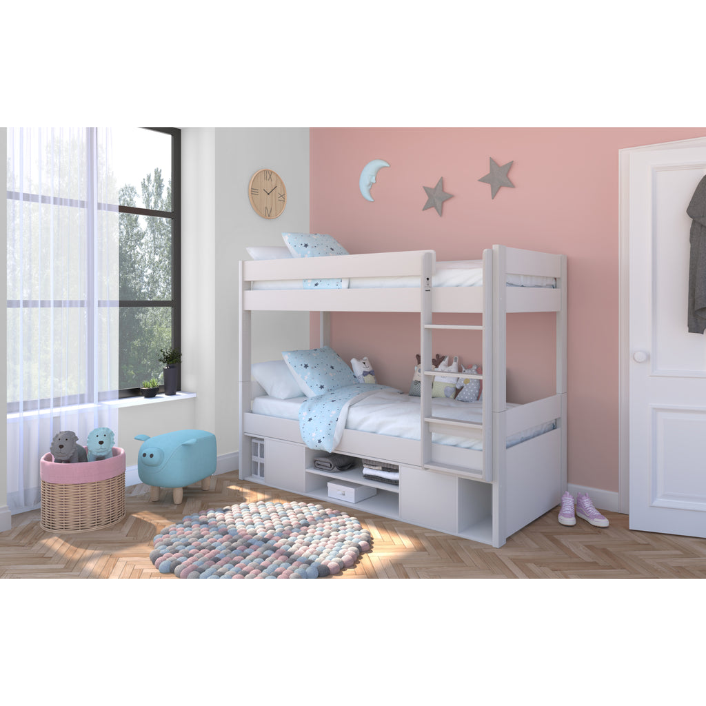 Stompa Uno Separating Bunk Bed with Underbed Storage in white in furnished room, wide shot
