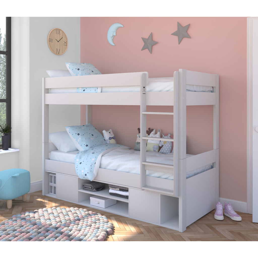 Stompa Uno Separating Bunk Bed with Underbed Storage in white in furnished room