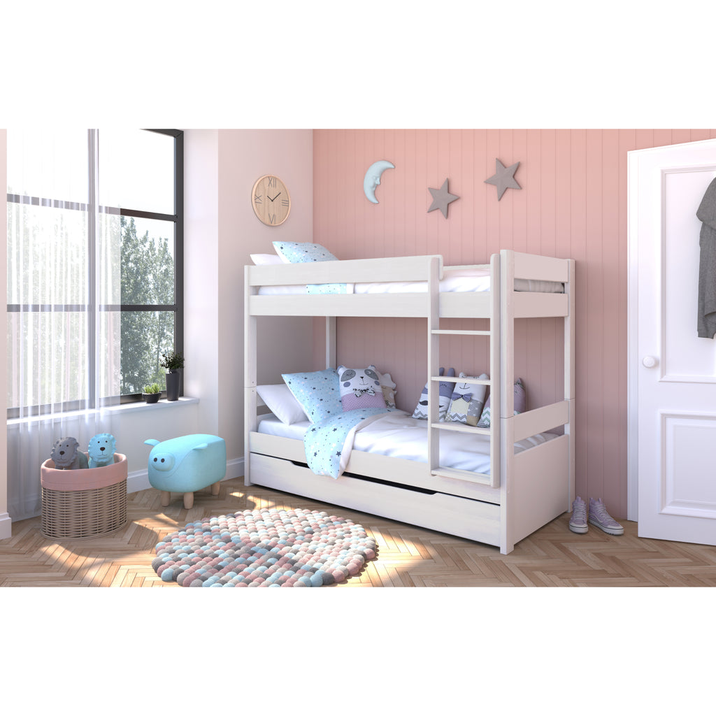 Stompa Uno Separating Bunk Bed with Trundle in white in furnished room, wide shot