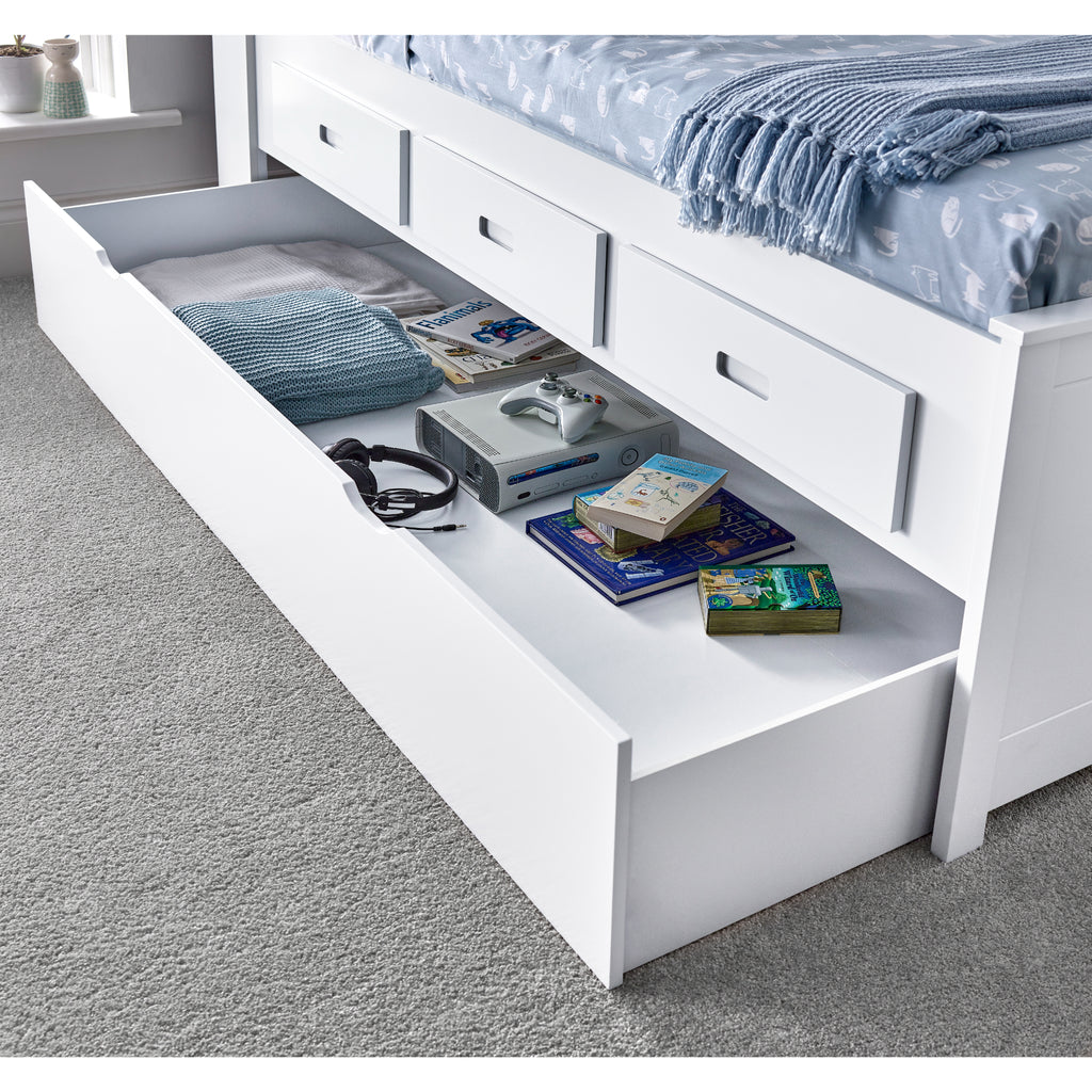Veera Guest Bed & Trundle in white in furnished room, trundle used as storage drawer detail