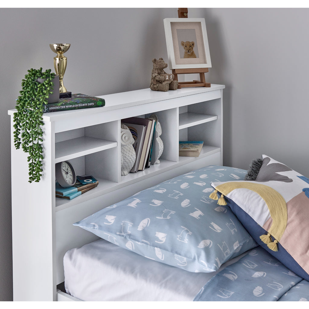 Veera Guest Bed & Trundle in white headboard shelving detail