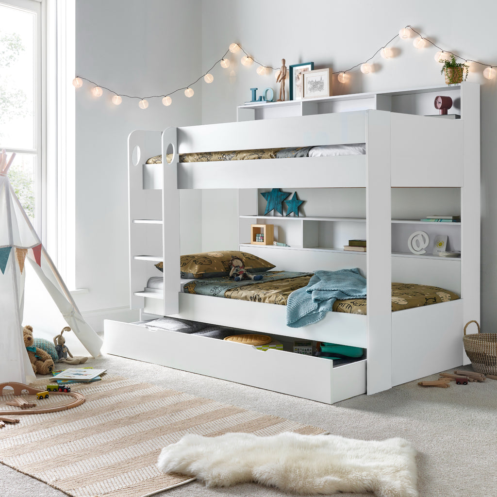 Oilver Solid Wood Bunk Bed in grey & white in furnished room