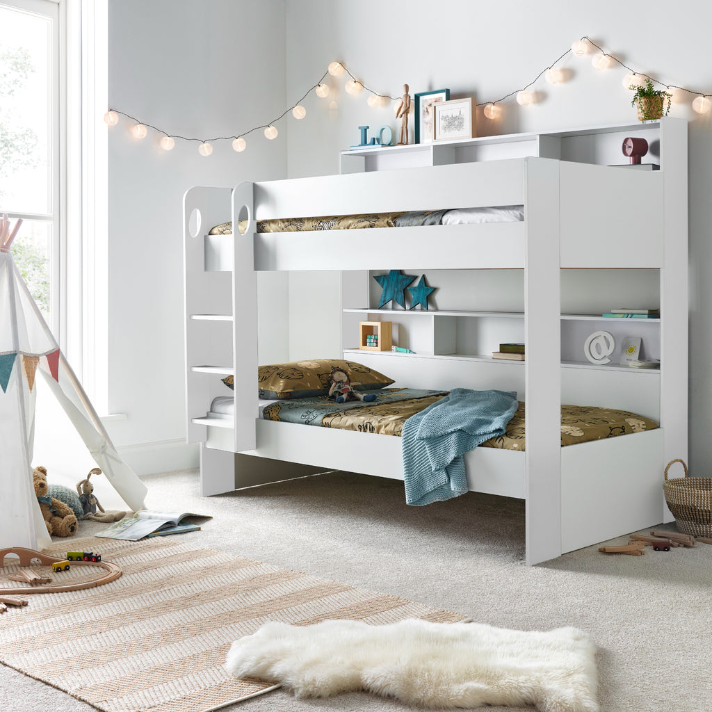 Oilver Solid Wood Bunk Bed in white in furnished room without underbed drawer 