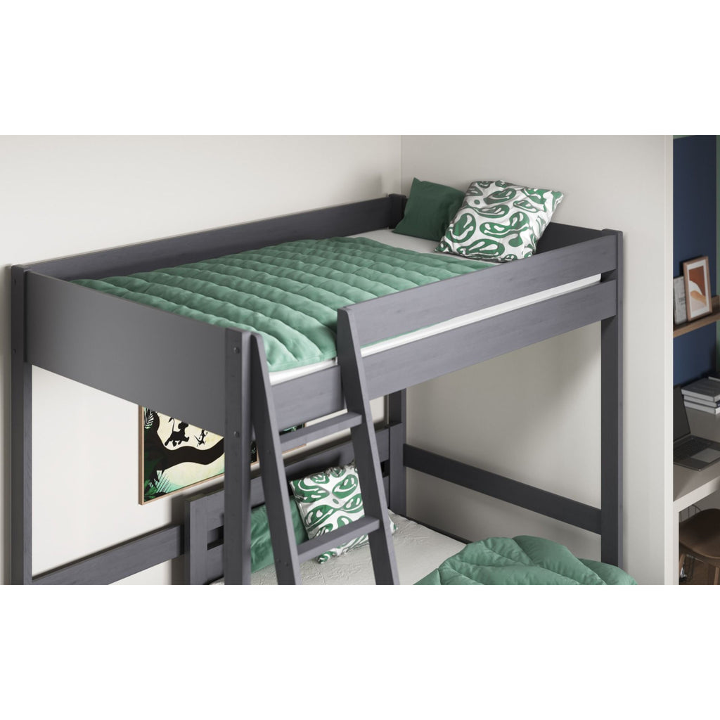 Tera Pine Double High Sleeper with L Shaped Single Bed in grey in furnished room, top bunk detail