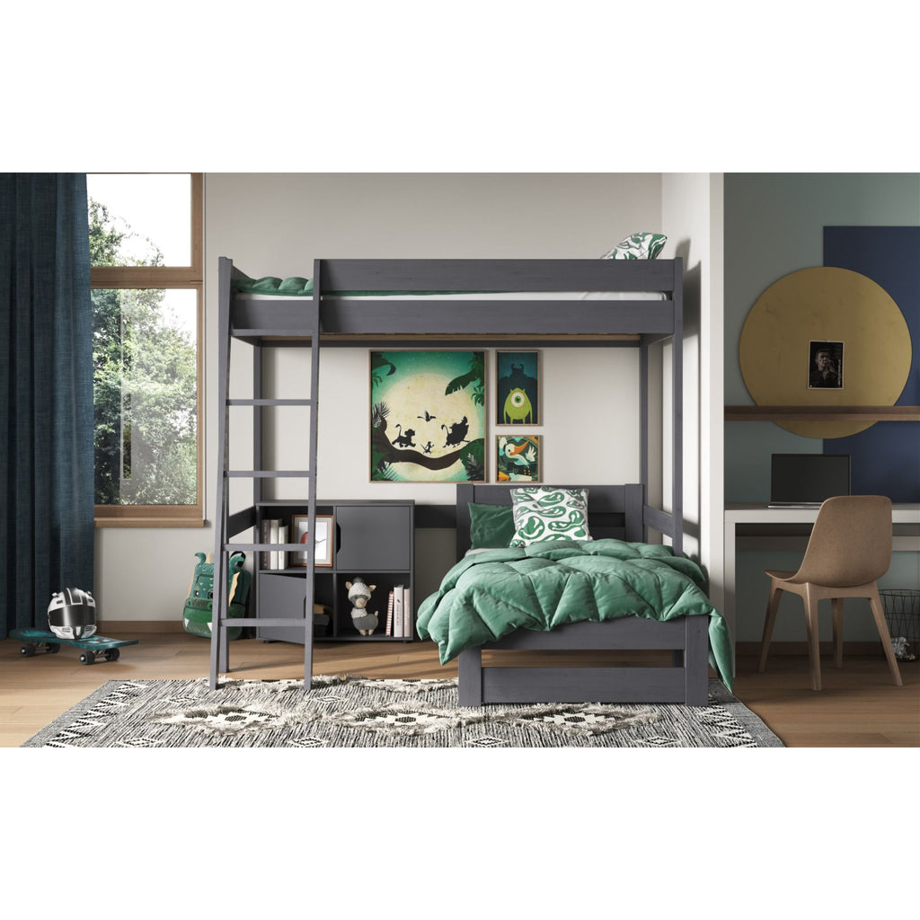Tera Pine Double High Sleeper with L Shaped Double Bed in grey in furnished room, side view